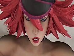 Horny red-haired anime girl fucking herself with a double penetrating dildo