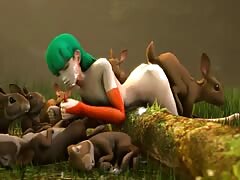 Green-haired beastie gal girl getting fucked by multiple rabbits