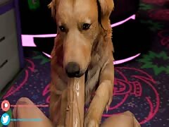 Dog giving blowjob to a man's big hard dick until it orgasm