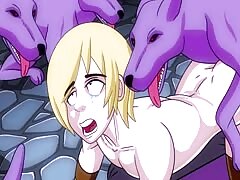 Horny dogs ganging up together to destroy the holes of a nasty beastie gal