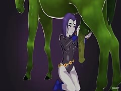 Green-skinned horse getting jacked off by a lady to get horse orgasm